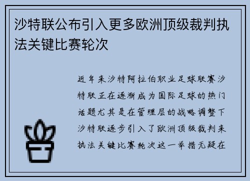 沙特联公布引入更多欧洲顶级裁判执法关键比赛轮次 沙特联公布引入更多欧洲顶级裁判执法关键比赛轮次
