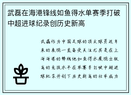 武磊在海港锋线如鱼得水单赛季打破中超进球纪录创历史新高