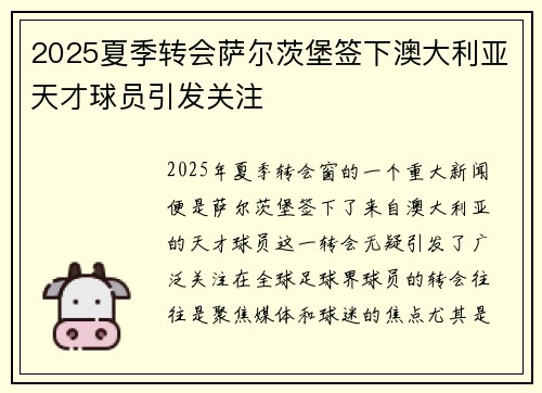 2025夏季转会萨尔茨堡签下澳大利亚天才球员引发关注 2025夏季转会萨尔茨堡签下澳大利亚天才球员引发关注