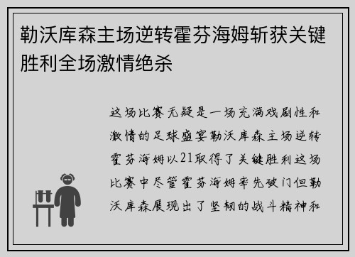 勒沃库森主场逆转霍芬海姆斩获关键胜利全场激情绝杀 勒沃库森主场逆转霍芬海姆斩获关键胜利全场激情绝杀